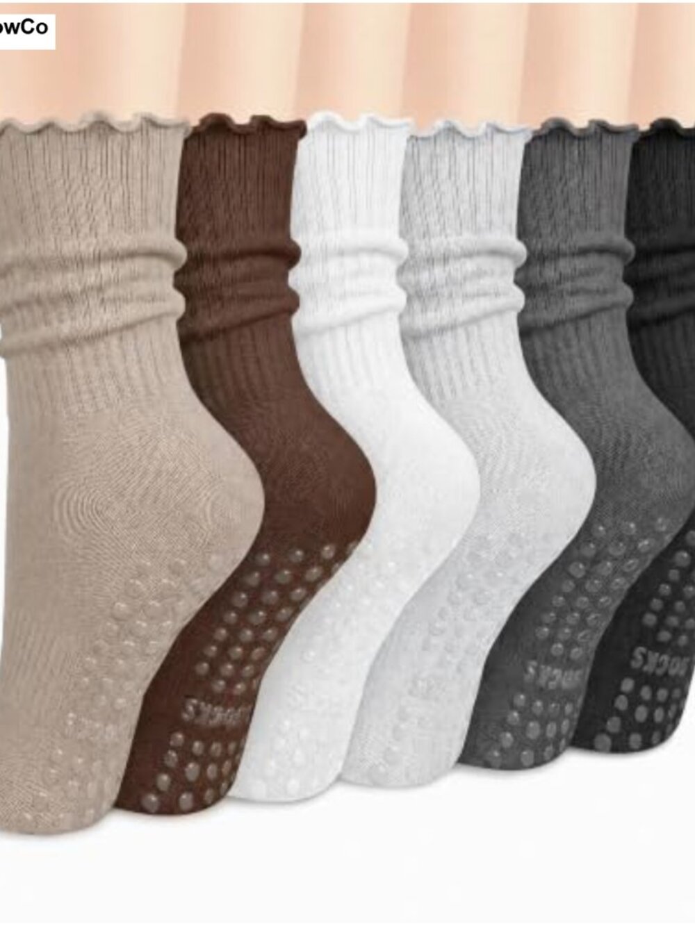 6 Pair Non Slip Pilates Socks with Grips, Ruffle Crew Cotton Grip Socks for